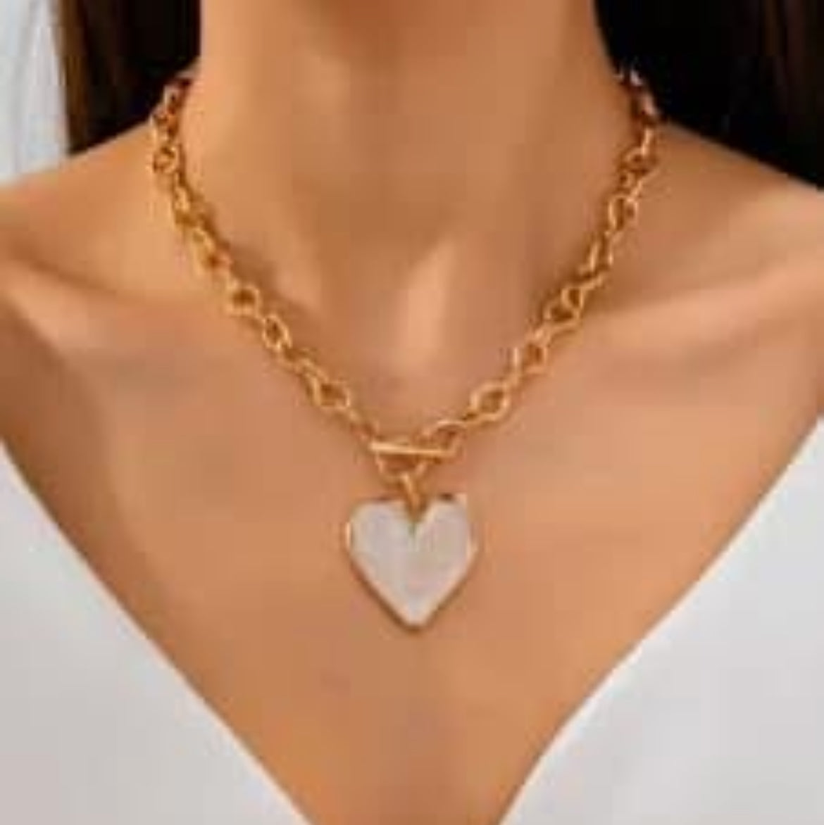 White Inlay Heart Toggle Necklace- Gold