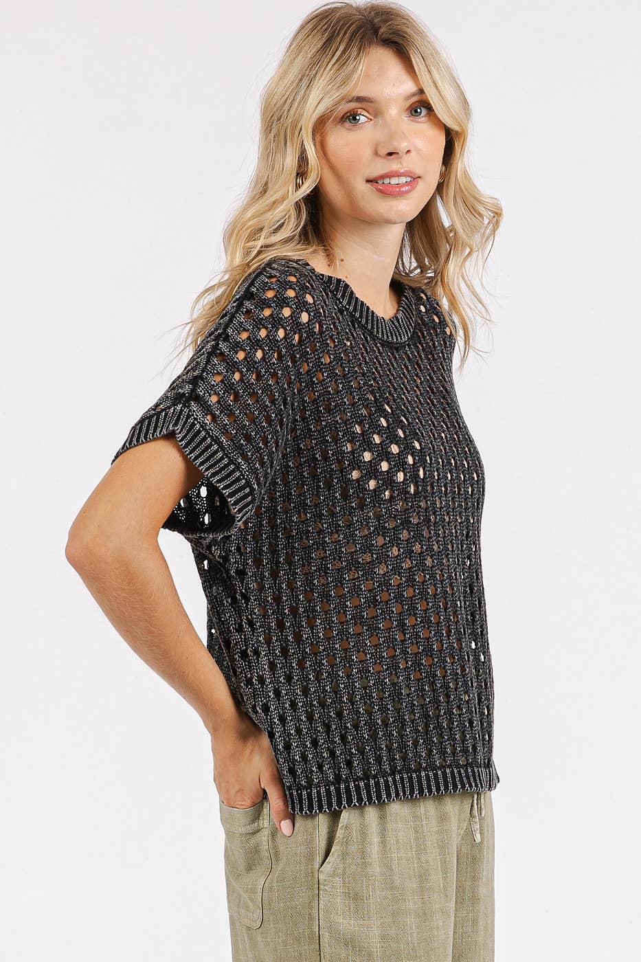 Mineral Wash Open Knit Sweater