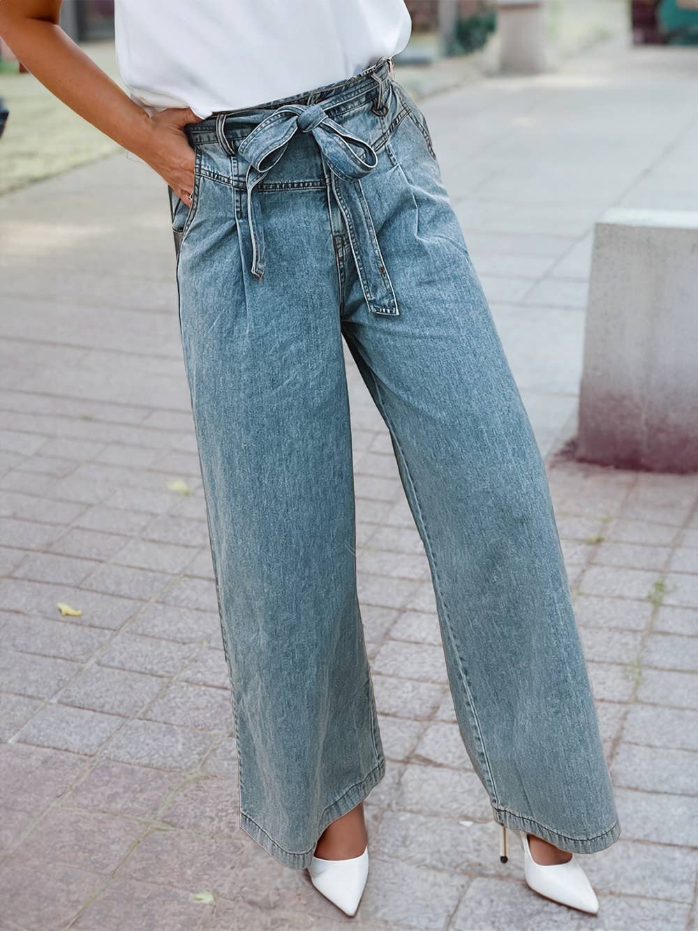 Washed Bow Knot Sash Wide Leg Jeans