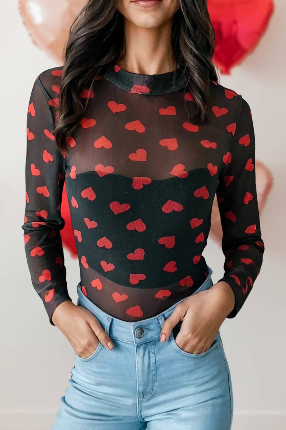 Black & Red Heart Mesh Long Sleeve
