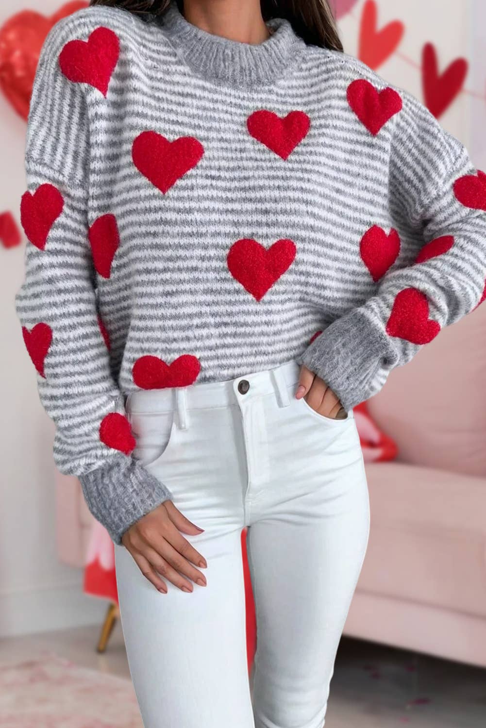 Grey Striped Heart Sweater