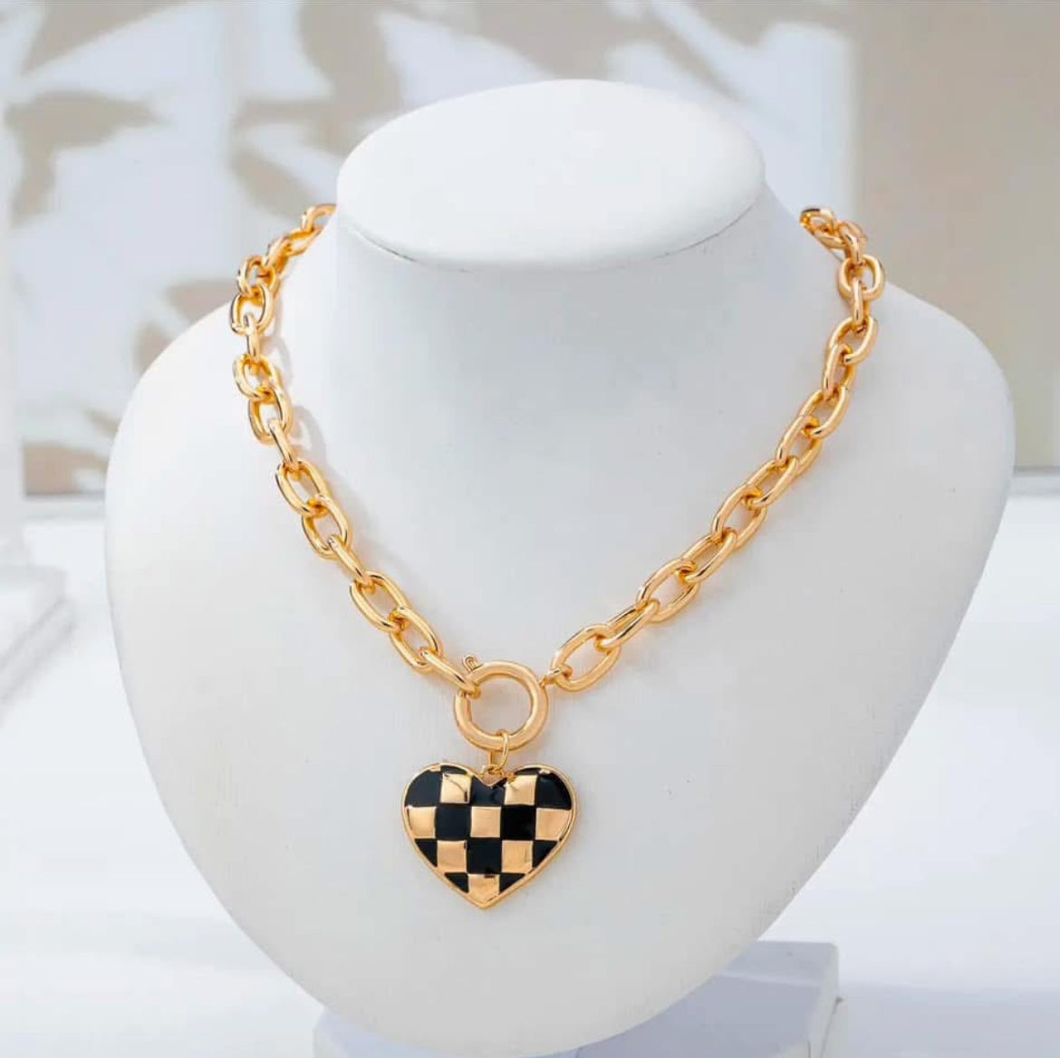 Checkered Heart Toggle Necklace - Gold