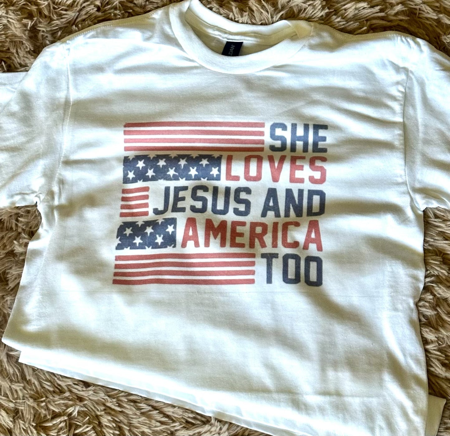 "She Loves Jesus & America Too" White Color Tee