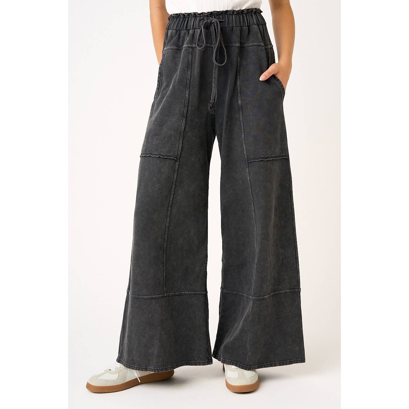 Black Mineral Wash Elastic Waist Pants