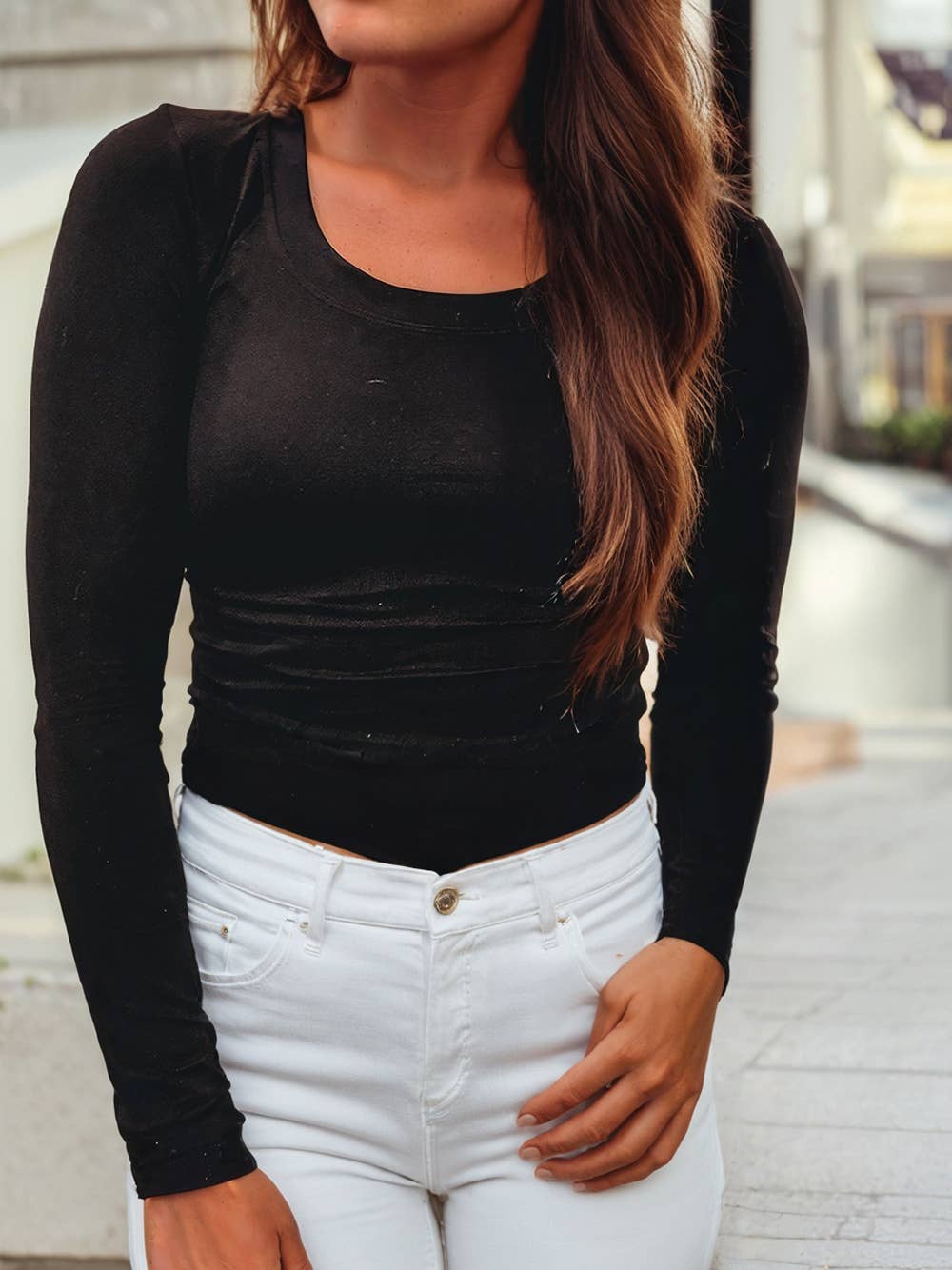 Solid Long Sleeve Fitted Tops