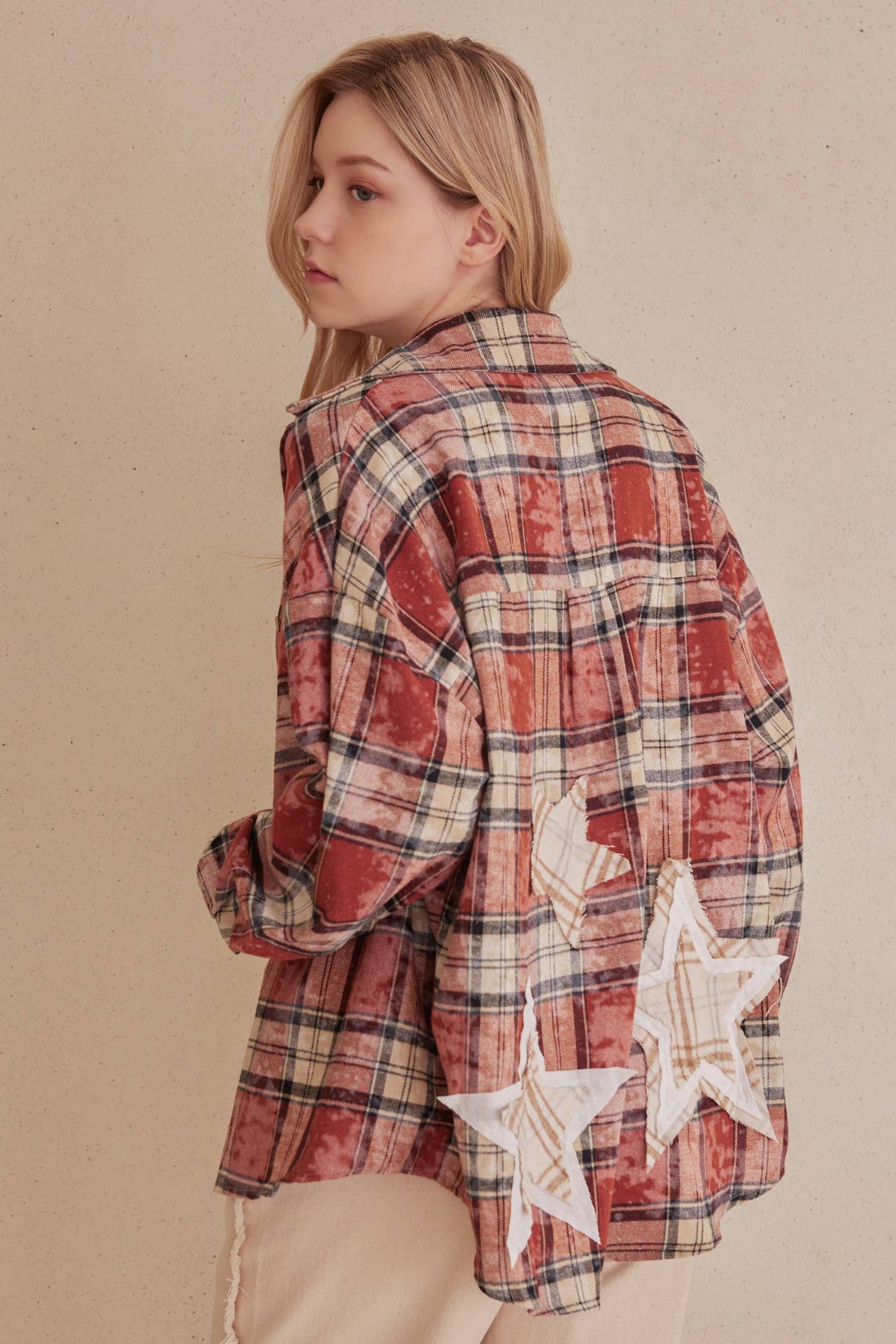 Oversized Plaid Flannel with Star Patches